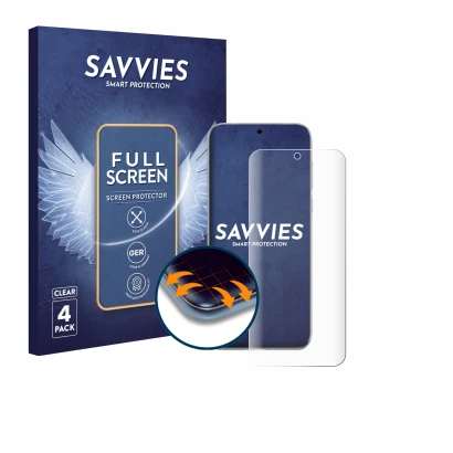 Face avant d’un emballage produit avec le logo de la marque Savvies. À côté, l’appareil Huawei Pura 80 Ultra est représenté av