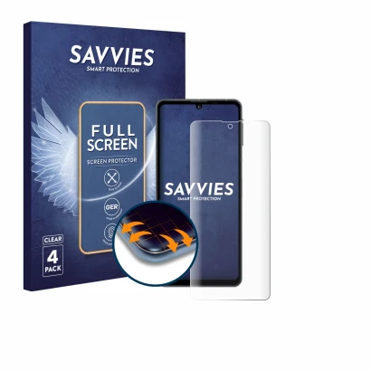 Face avant d’un emballage produit avec le logo de la marque Savvies. À côté, l’appareil Sharp Aquos Sense 8 est représenté ave