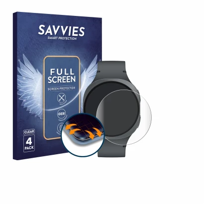 Face avant d’un emballage produit avec le logo de la marque Savvies. À côté, l’appareil Samsung Galaxy Watch 8 (40 mm) est rep