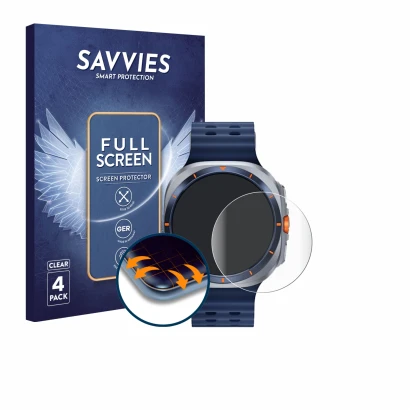 Face avant d’un emballage produit avec le logo de la marque Savvies. À côté, l’appareil Samsung Galaxy Watch Ultra 2 (47 mm) e