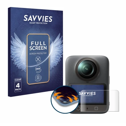 Face avant d’un emballage produit avec le logo de la marque Savvies. À côté, l’appareil DJI Osmo 360 est représenté avec la pr