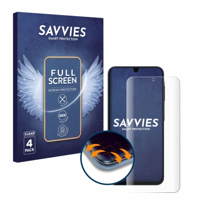 Face avant d’un emballage produit avec le logo de la marque Savvies. À côté, l’appareil Samsung Galaxy A17 5G est représenté a