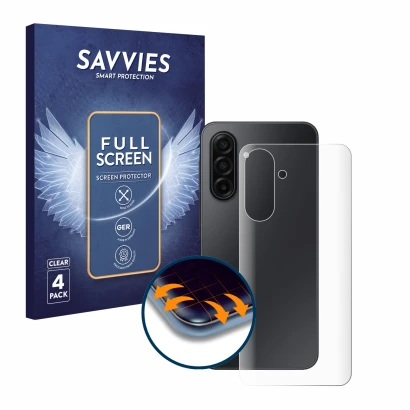 Face avant d’un emballage produit avec le logo de la marque Savvies. À côté, l’appareil Samsung Galaxy A17 5G (Arrière) est re