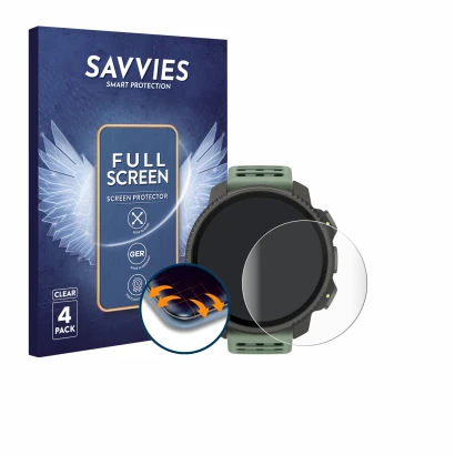 Face avant d’un emballage produit avec le logo de la marque Savvies. À côté, l’appareil Suunto Vertical 2 est représenté avec 