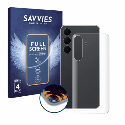 Face avant d’un emballage produit avec le logo de la marque Savvies. À côté, l’appareil Samsung Galaxy S25 FE (Arrière) est re
