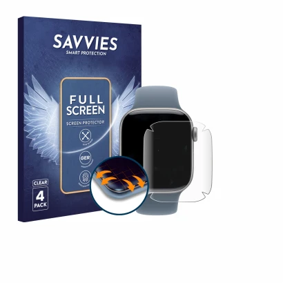 Face avant d’un emballage produit avec le logo de la marque Savvies. À côté, l’appareil Apple Watch Series 11 (42 mm) est repr
