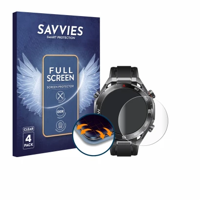 Face avant d’un emballage produit avec le logo de la marque Savvies. À côté, l’appareil Huawei Watch Ultimate 2 Black est repr