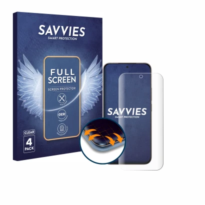 Face avant d’un emballage produit avec le logo de la marque Savvies. À côté, l’appareil Xiaomi 17 est représenté avec la prote