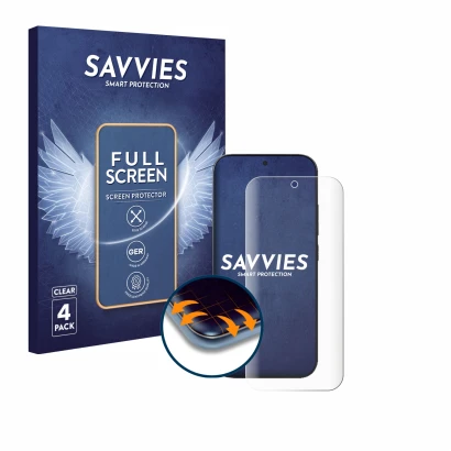Face avant d’un emballage produit avec le logo de la marque Savvies. À côté, l’appareil Xiaomi 17 Pro est représenté avec la p