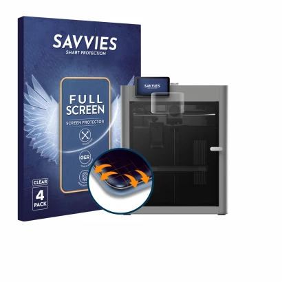 Face avant d’un emballage produit avec le logo de la marque Savvies. À côté, l’appareil Bambu Lab P2S 3D Printer est représent