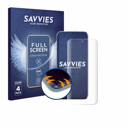 Face avant d’un emballage produit avec le logo de la marque Savvies. À côté, l’appareil Tecno Pova Slim est représenté avec la