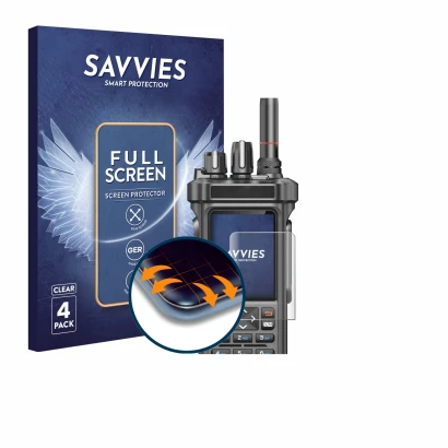 Face avant d’un emballage produit avec le logo de la marque Savvies. À côté, l’appareil Radtel RT-950 Pro est représenté avec 