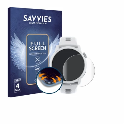 Face avant d’un emballage produit avec le logo de la marque Savvies. À côté, l’appareil Coros Pace 4 est représenté avec la pr