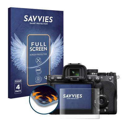 Face avant d’un emballage produit avec le logo de la marque Savvies. À côté, l’appareil Sony Alpha 7 V (ILCE-7M5) est représen