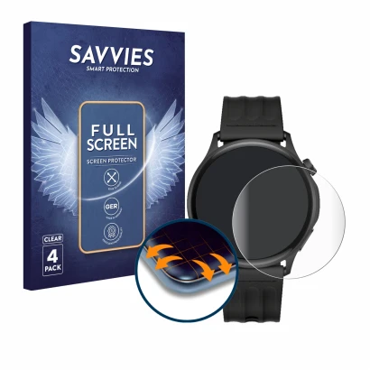 Face avant d’un emballage produit avec le logo de la marque Savvies. À côté, l’appareil OnePlus Watch Lite est représenté avec