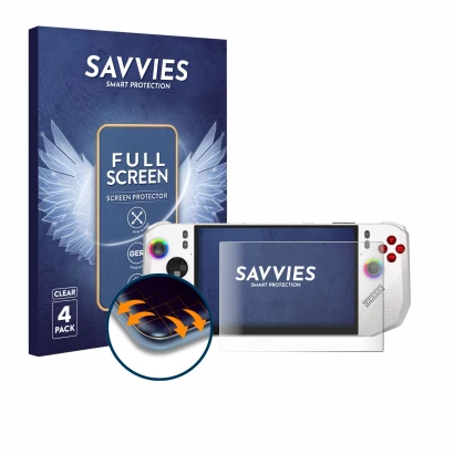 Face avant d’un emballage produit avec le logo de la marque Savvies. À côté, l’appareil MSI Claw A8 BZ2EM est représenté avec 
