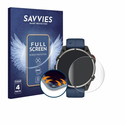 Face avant d’un emballage produit avec le logo de la marque Savvies. À côté, l’appareil Garmin quatix 8 Pro (47 mm) est représ