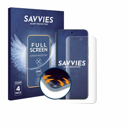 Face avant d’un emballage produit avec le logo de la marque Savvies. À côté, l’appareil realme C85 4G est représenté avec la p