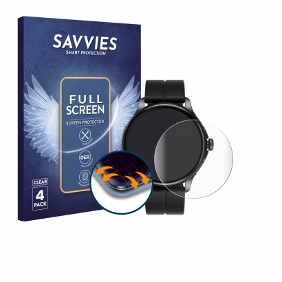 Face avant d’un emballage produit avec le logo de la marque Savvies. À côté, l’appareil HMD Watch X1 est représenté avec la pr