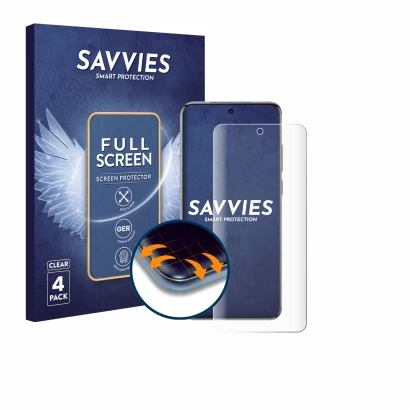 Face avant d’un emballage produit avec le logo de la marque Savvies. À côté, l’appareil Vivo X200T est représenté avec la prot