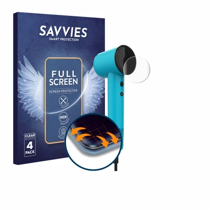 Face avant d’un emballage produit avec le logo de la marque Savvies. À côté, l’appareil Cecotec DryNova est représenté avec la