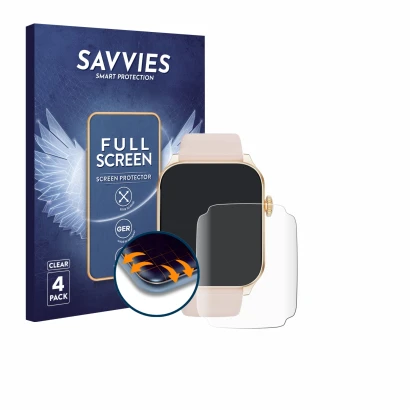 Face avant d’un emballage produit avec le logo de la marque Savvies. À côté, l’appareil Haulvean Smartwatch 1.91
