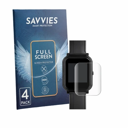 Face avant d’un emballage produit avec le logo de la marque Savvies. À côté, l’appareil Bangle.js 2 est représenté avec la pro