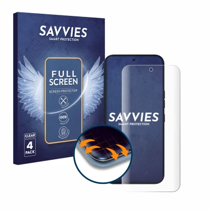 Face avant d’un emballage produit avec le logo de la marque Savvies. À côté, l’appareil Nothing Phone (4a) Pro est représenté 