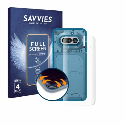 Face avant d’un emballage produit avec le logo de la marque Savvies. À côté, l’appareil Nothing Phone (4a) (Arrière) est repré