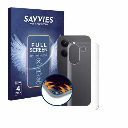 Face avant d’un emballage produit avec le logo de la marque Savvies. À côté, l’appareil Xiaomi Poco X8 Pro (Arrière) est repré