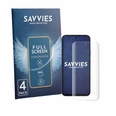 Face avant d’un emballage produit avec le logo de la marque Savvies. À côté, l’appareil Oppo A6k est représenté avec la protec