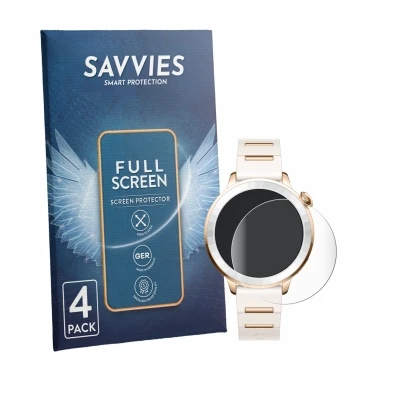 Face avant d’un emballage produit avec le logo de la marque Savvies. À côté, l’appareil Oppo Watch X3 Mini est représenté avec