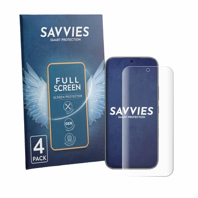 Face avant d’un emballage produit avec le logo de la marque Savvies. À côté, l’appareil Honor 600 est représenté avec la prote