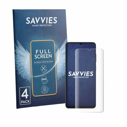Face avant d’un emballage produit avec le logo de la marque Savvies. À côté, l’appareil Honor X6d est représenté avec la prote