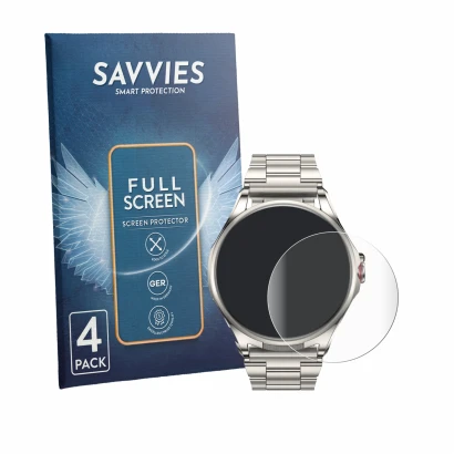 Face avant d’un emballage produit avec le logo de la marque Savvies. À côté, l’appareil Huawei Watch Buds 2 est représenté ave