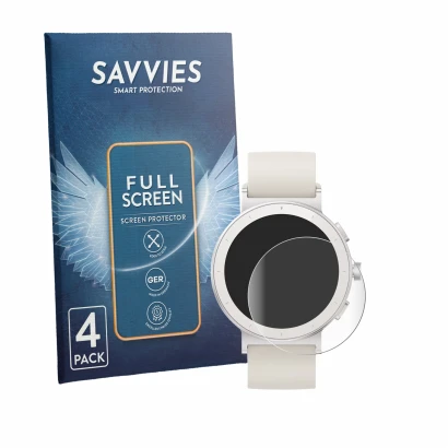 Face avant d’un emballage produit avec le logo de la marque Savvies. À côté, l’appareil realme Watch S5 est représenté avec la