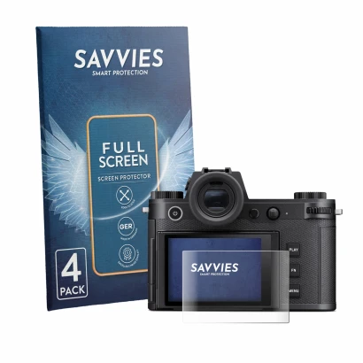 Face avant d’un emballage produit avec le logo de la marque Savvies. À côté, l’appareil Leica SL3-P est représenté avec la pro