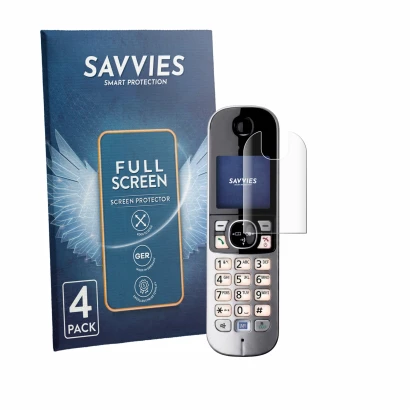 Face avant d’un emballage produit avec le logo de la marque Savvies. À côté, l’appareil Panasonic KX-TG6821 est représenté ave