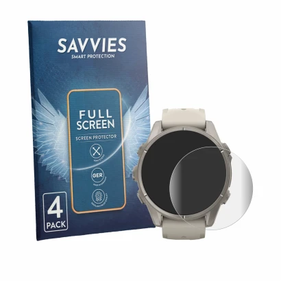 Face avant d’un emballage produit avec le logo de la marque Savvies. À côté, l’appareil Garmin Fenix 9 (43 mm) est représenté 