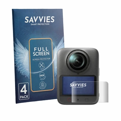 Face avant d’un emballage produit avec le logo de la marque Savvies. À côté, l’appareil DJI Osmo 360 II est représenté avec la