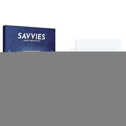 Face avant d’un emballage produit avec le logo de la marque Savvies. À côté se trouve la protection d’écran correspondante.