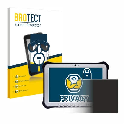 Face avant d’un emballage produit avec le logo de la marque BROTECT. À côté, l’appareil Panasonic Toughpad FZ-G1 est représent