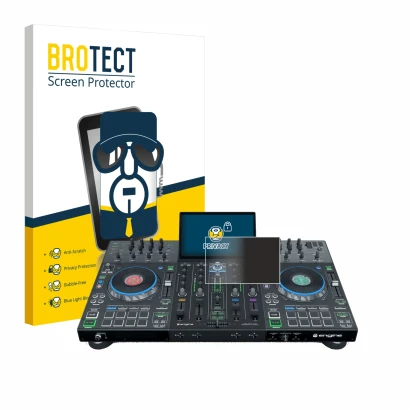 Face avant d’un emballage produit avec le logo de la marque BROTECT. À côté, l’appareil Denon DJ Prime 4 est représenté avec l