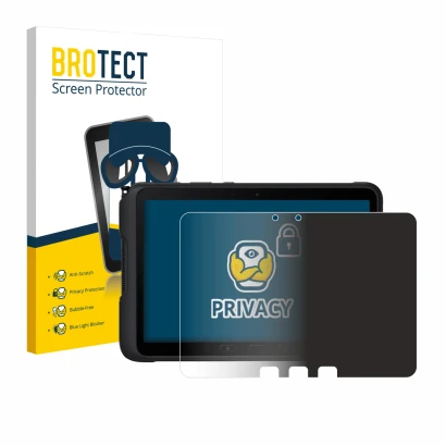 Face avant d’un emballage produit avec le logo de la marque BROTECT. À côté, l’appareil Samsung Galaxy Tab Active 4 Pro est re