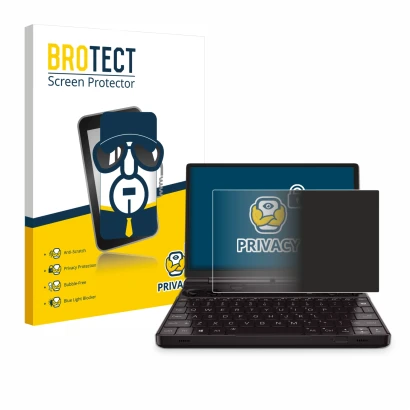 Face avant d’un emballage produit avec le logo de la marque BROTECT. À côté, l’appareil GPD Win Max 2 est représenté avec la p