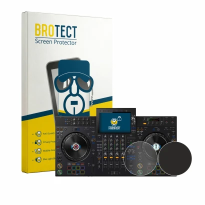 Face avant d’un emballage produit avec le logo de la marque BROTECT. À côté, l’appareil AlphaTheta XDJ-AZ (Jog) est représenté