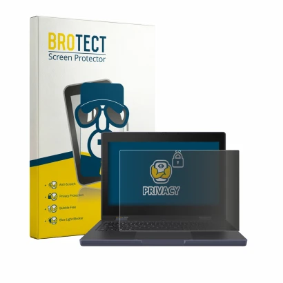 Face avant d’un emballage produit avec le logo de la marque BROTECT. À côté, l’appareil ASUS Chromebook CZ11 Flip CZ1104F est 