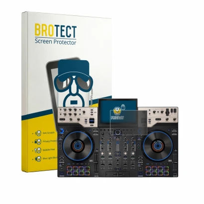 Face avant d’un emballage produit avec le logo de la marque BROTECT. À côté, l’appareil Denon DJ Prime 4 G2 est représenté ave