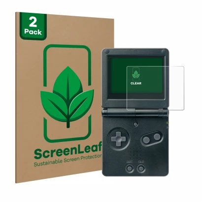 Face avant d’un emballage produit avec le logo de la marque ScreenLeaf. À côté, l’appareil Nintendo Gameboy Advance GBA SP est