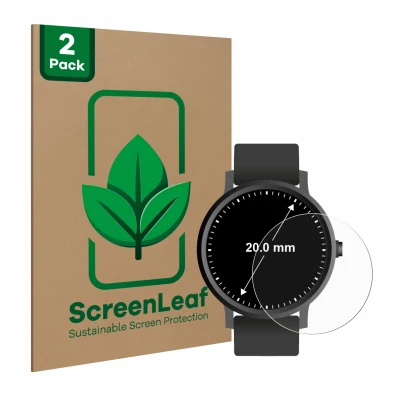 Face avant d’un emballage produit avec le logo de la marque ScreenLeaf. À côté, l’appareil Montres (Circulaire, ø: 20 mm) est 